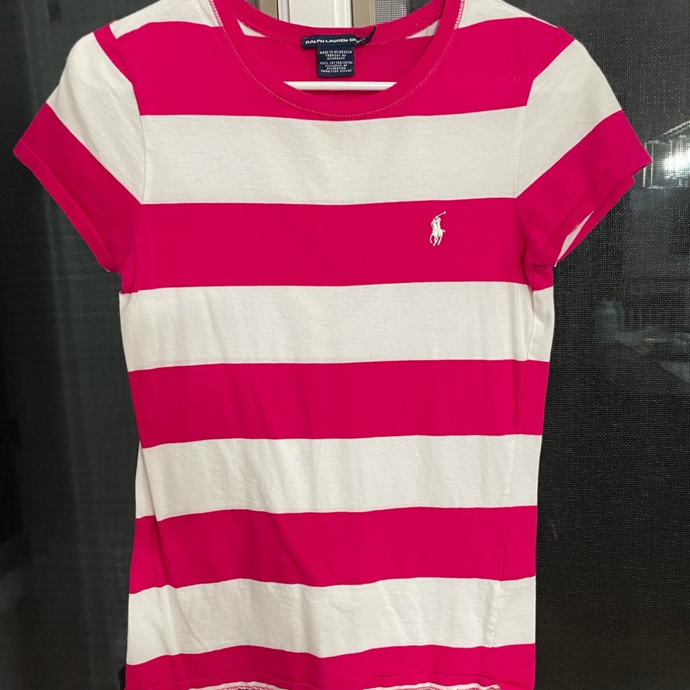 Lightly worn Ralph Lauren sport kids size Medium pink and white striped shirt